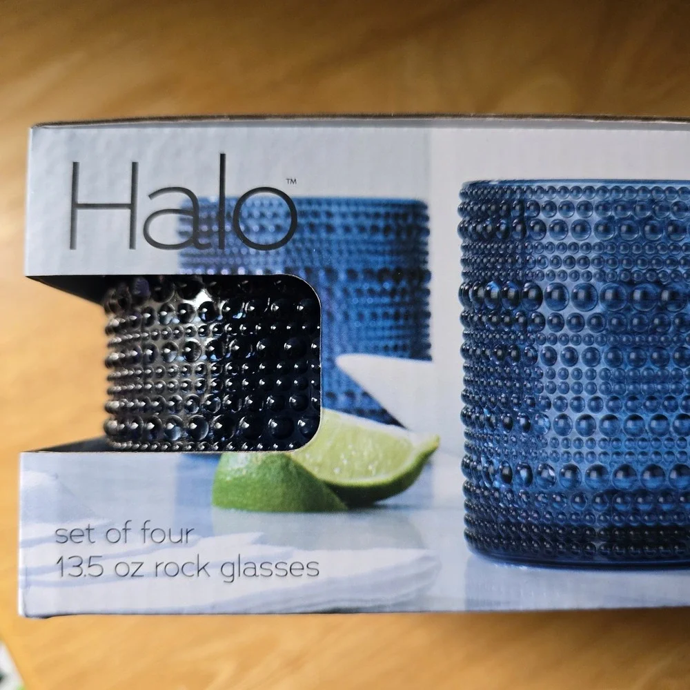 Halo Blue Hobnail 13.5 oz Rocks Glasses Set of 4 Cocktail Whiskey NIB
